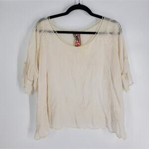 Johnny Was Cream Ivory Floral Embroidered Sheer Short Sleeve Blouse S
